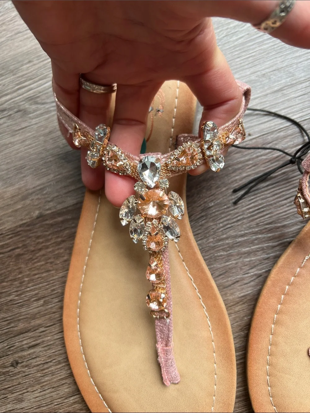 Women's Blush Pink and Gold Jeweled T-Strap Sandals NWT size 7.5